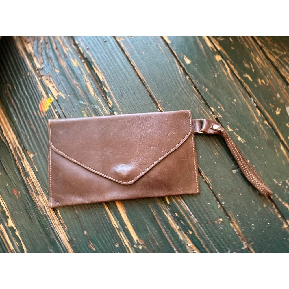 Carry 117 Brown Leather Envelope Wristlet Clutch Bag Minimalist Handcrafted‎